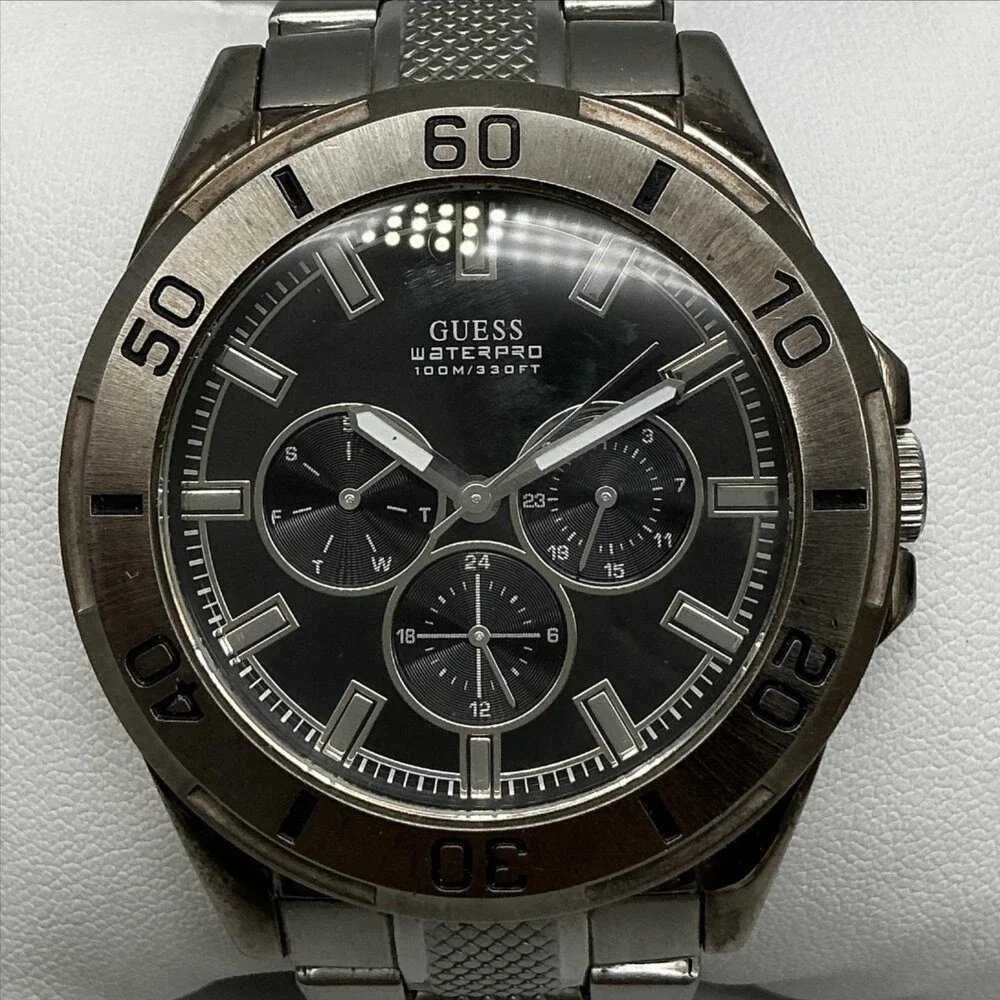 Guess Waterpro Mens Watch 43mm Black Stainless Chronograph New Battery 7.25